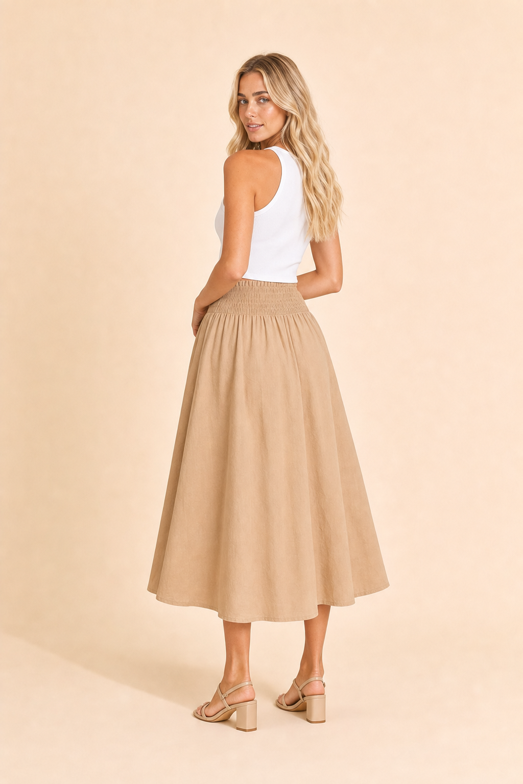 Falda larga de algodón beige de espalda