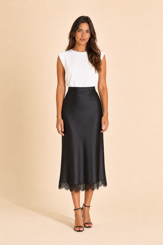 Falda midi satinada negra de frente