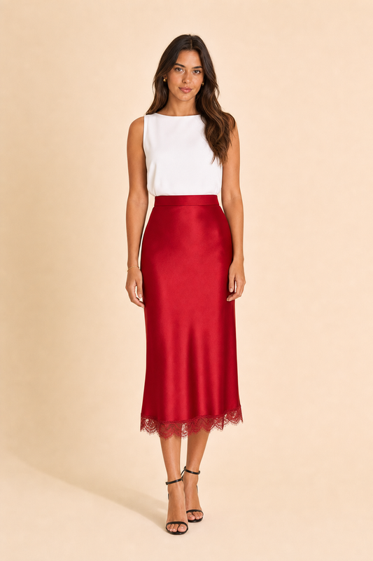 Falda midi satinada roja de frente